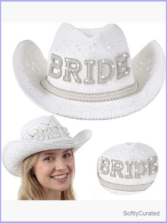 White Wide Brim Cowgirl Hat with Pearl Bride for Bachelorette Wedding